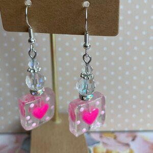 Whimsical Artisan Pink Heart Lampwork Glass Pierced Earrings NWT